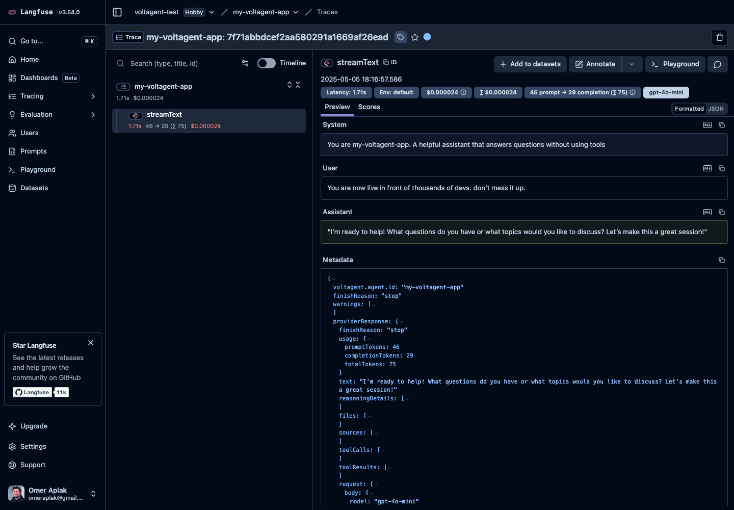 VoltAgent trace in Langfuse UI